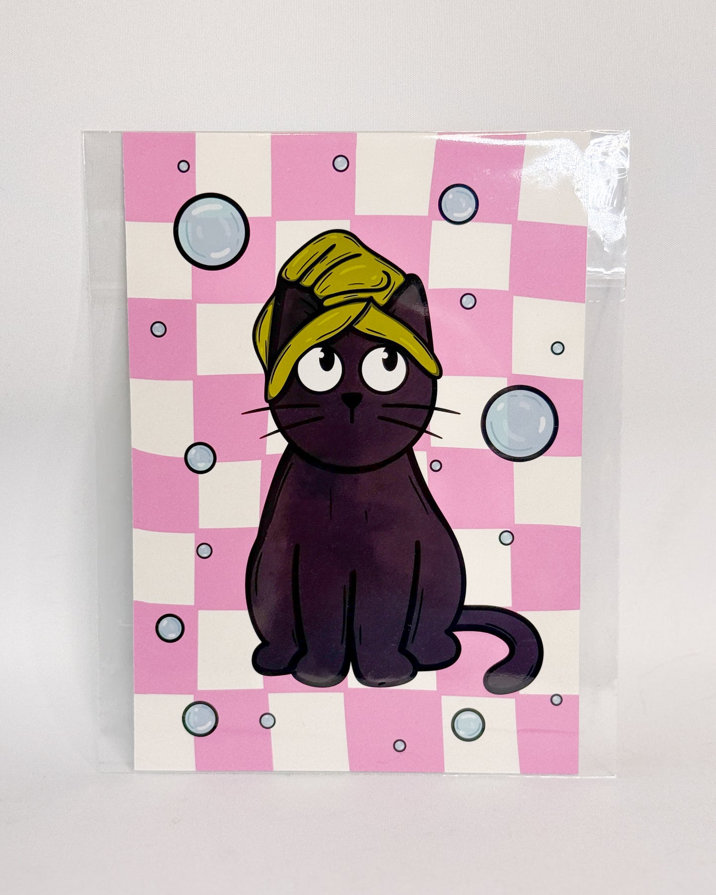 BLACK CAT IN TOWEL BATHROOM PRINT