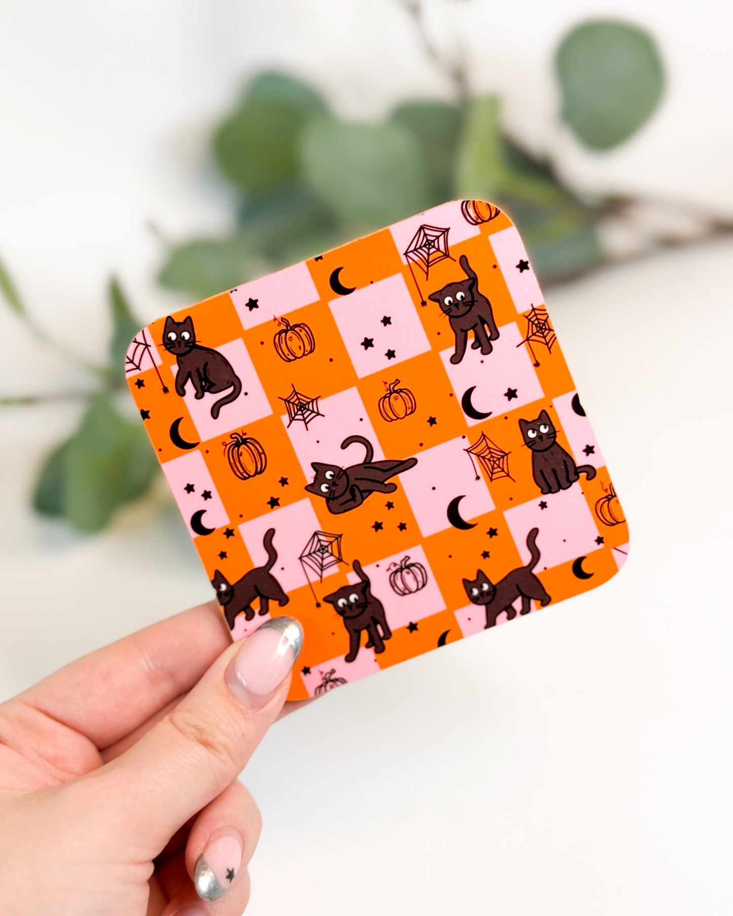 BLACK CAT HALLOWEEN CHECKERBOARD COASTER