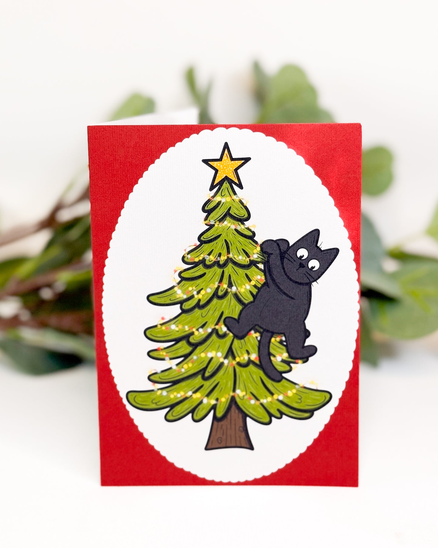 CHRISTMAS TREE BLACK CAT CHRISTMAS GREETINGS CARD