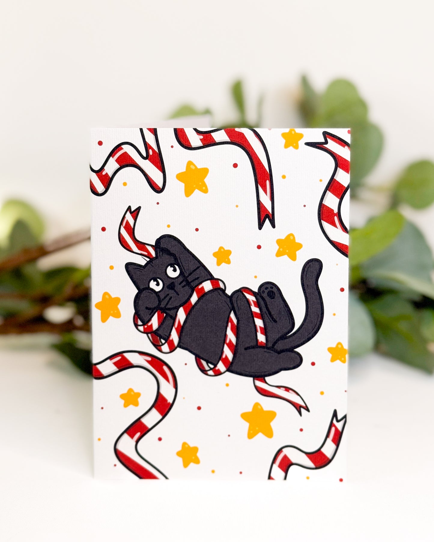 CHRISTMAS RIBBON BLACK CAT CHRISTMAS GREETINGS CARD