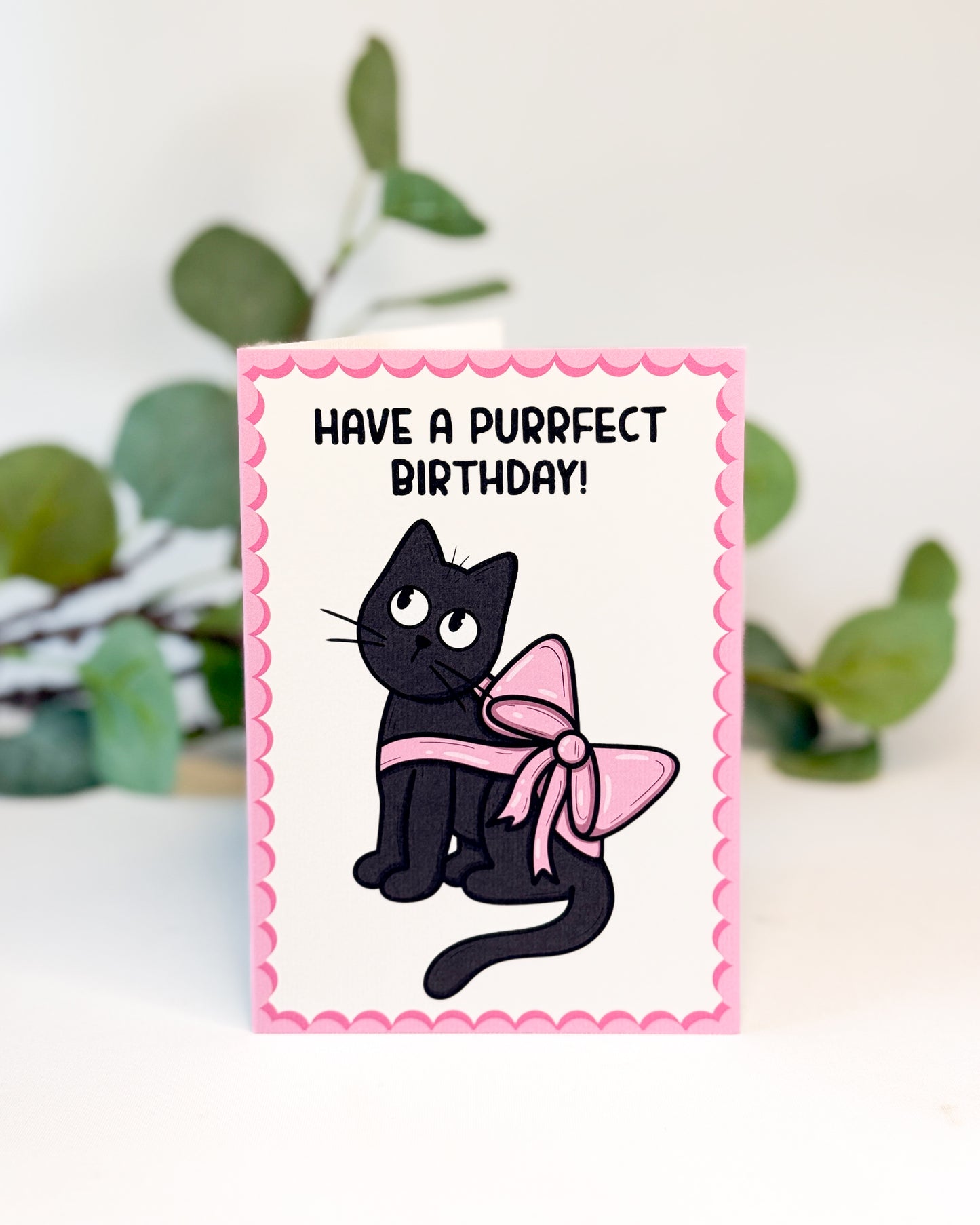PURRFECT BIRTHDAY PINK BOW BLACK CAT GREETINGS CARD