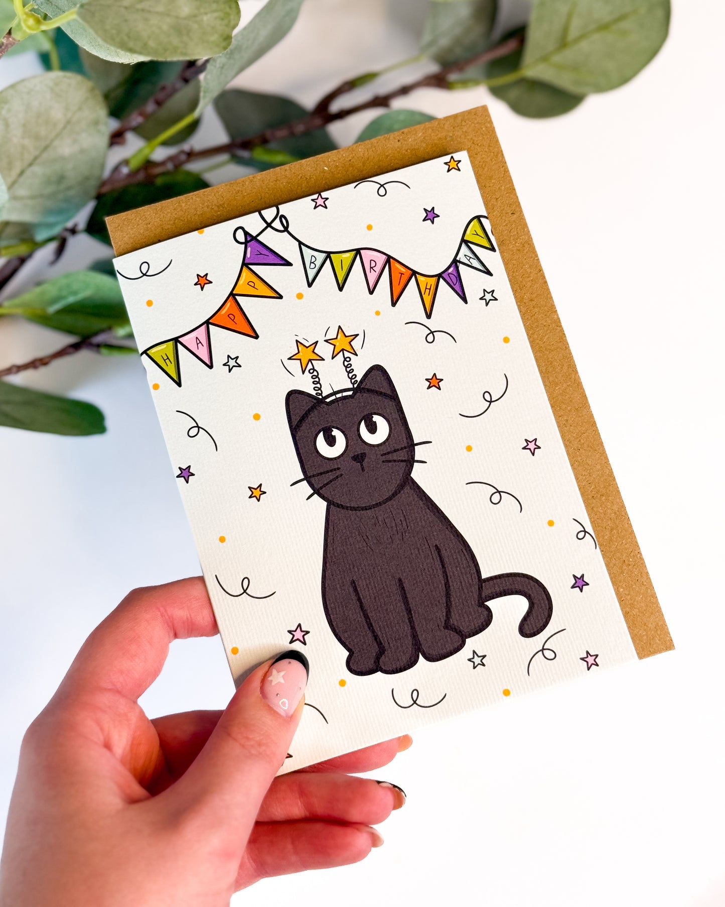 HAPPY BIRTHDAY BANNER BLACK CAT GREETINGS CARD