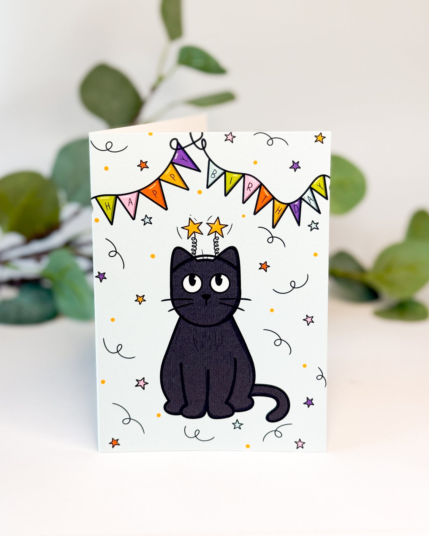 HAPPY BIRTHDAY BANNER BLACK CAT GREETINGS CARD
