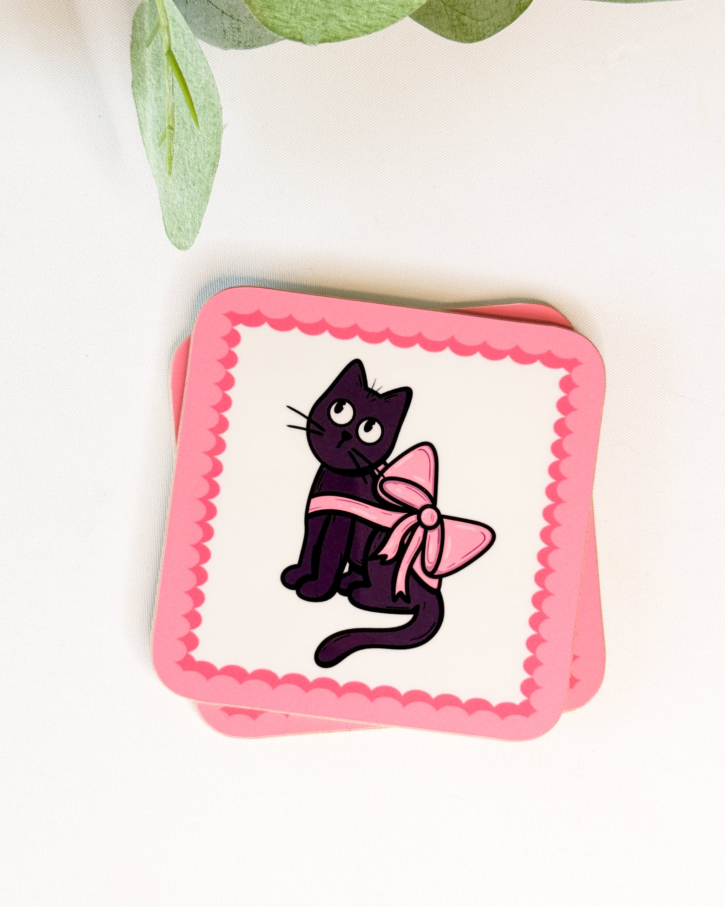 BLACK CAT PINK BOW COASTER