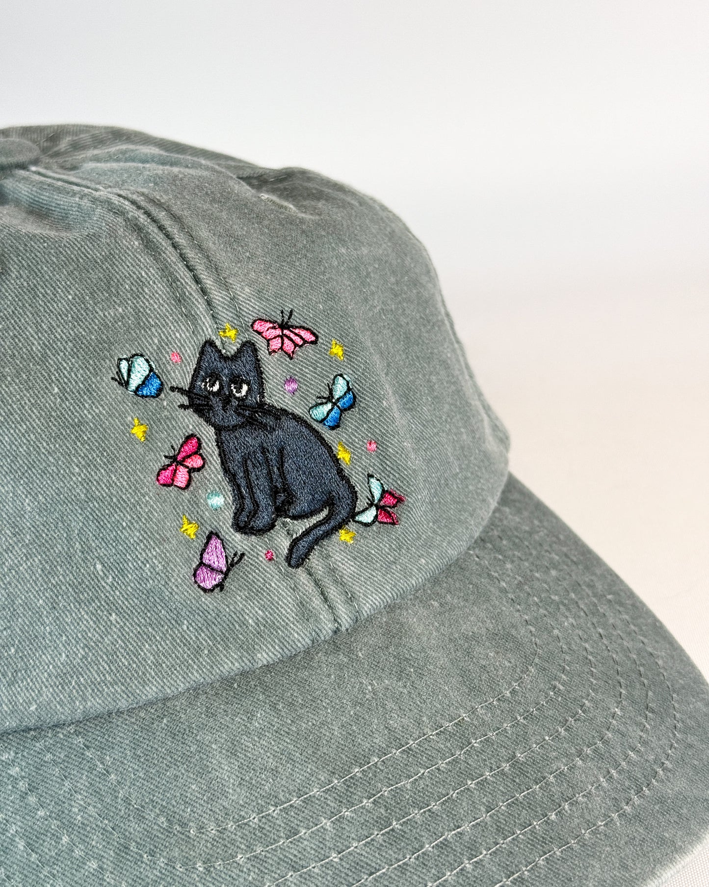 BLACK CAT BUTTERFLY EMBROIDERED VINTAGE DAD CAP
