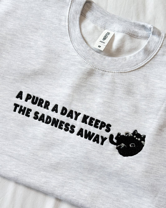 A PURR A DAY KEEPS THE SADNESS AWAY BLACK CAT EMBROIDERED SWEATSHIRT
