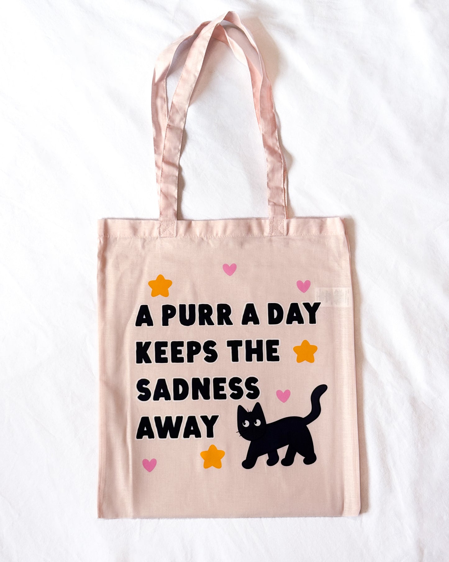 A PURR A DAY KEEPS THE SADNESS AWAY BLACK CAT TOTE BAG