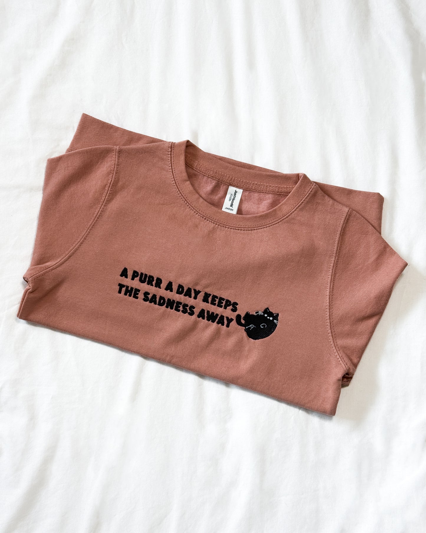 A PURR A DAY KEEPS THE SADNESS AWAY BLACK CAT EMBROIDERED SWEATSHIRT