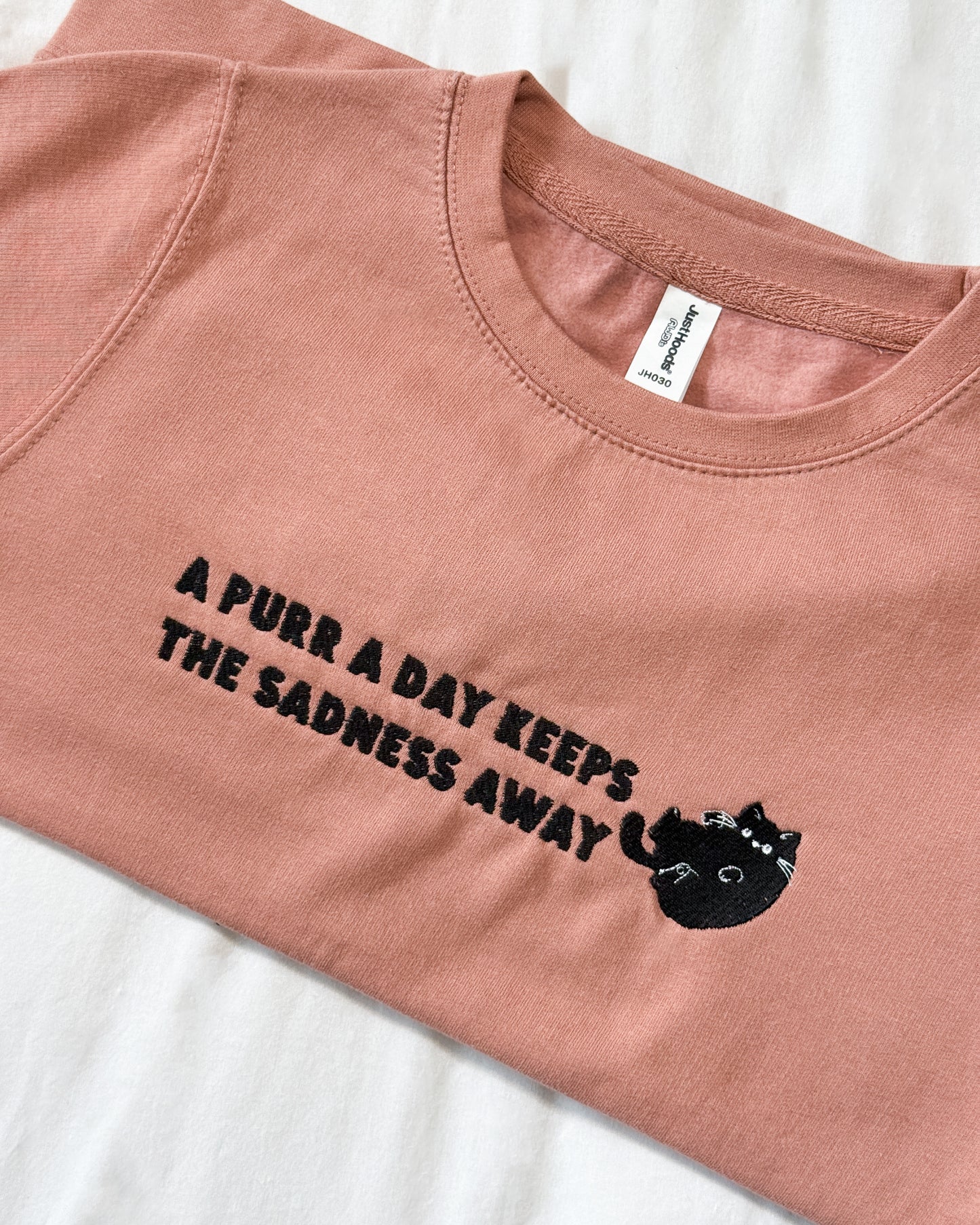 A PURR A DAY KEEPS THE SADNESS AWAY BLACK CAT EMBROIDERED SWEATSHIRT