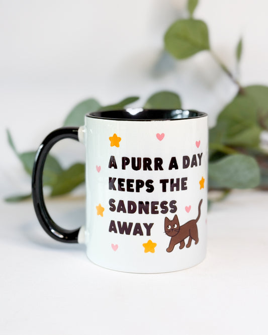 A PURR A DAY KEEPS THE SADNESS AWAY BLACK CAT MUG
