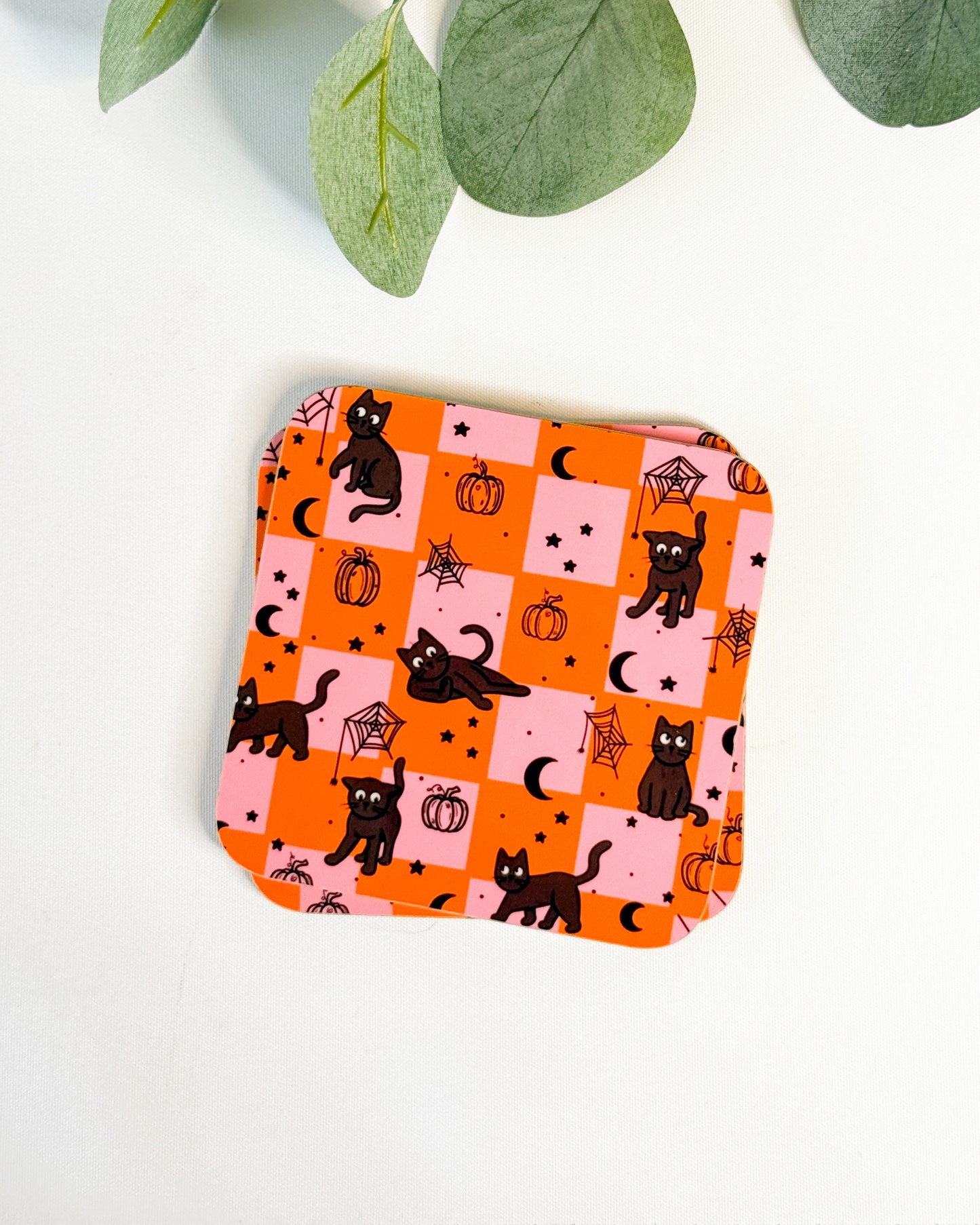 BLACK CAT HALLOWEEN CHECKERBOARD COASTER