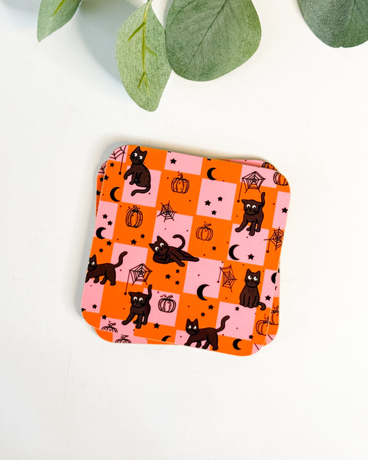 BLACK CAT HALLOWEEN CHECKERBOARD COASTER