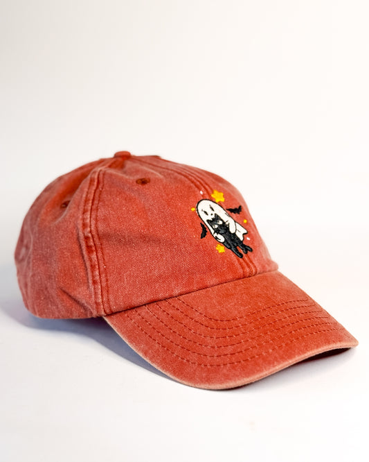 BLACK CAT AND GHOST HALLOWEEN EMBROIDERED CAP