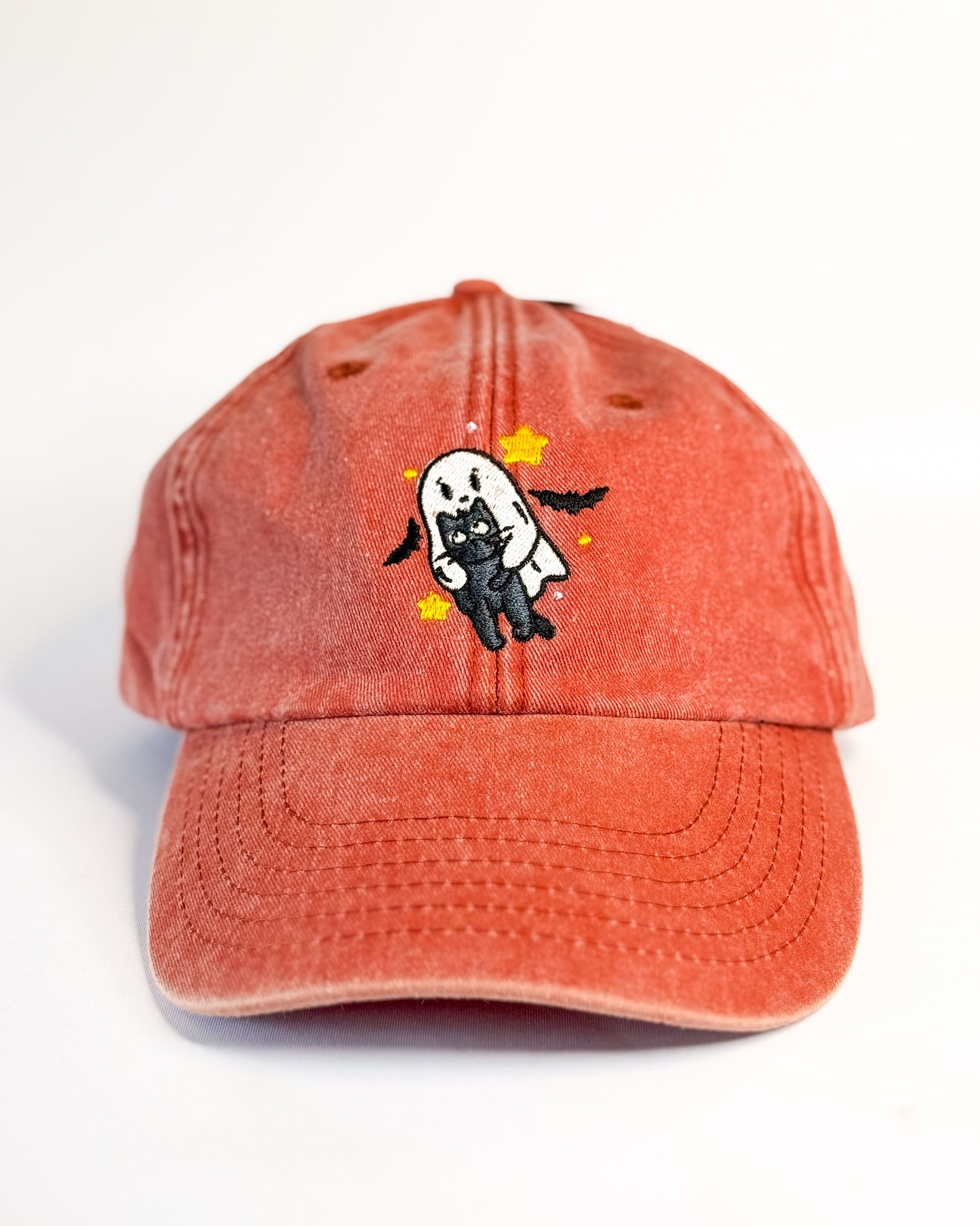 BLACK CAT AND GHOST HALLOWEEN EMBROIDERED CAP