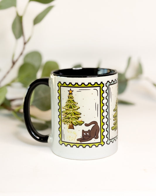 BLACK CAT CHRISTMAS TREE STAMP MUG