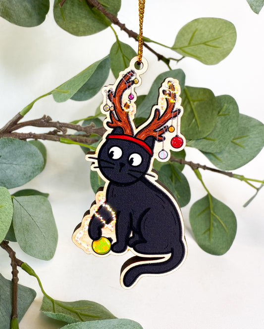 REINDEER BLACK CAT WOODEN CHRISTMAS TREE DECORATION