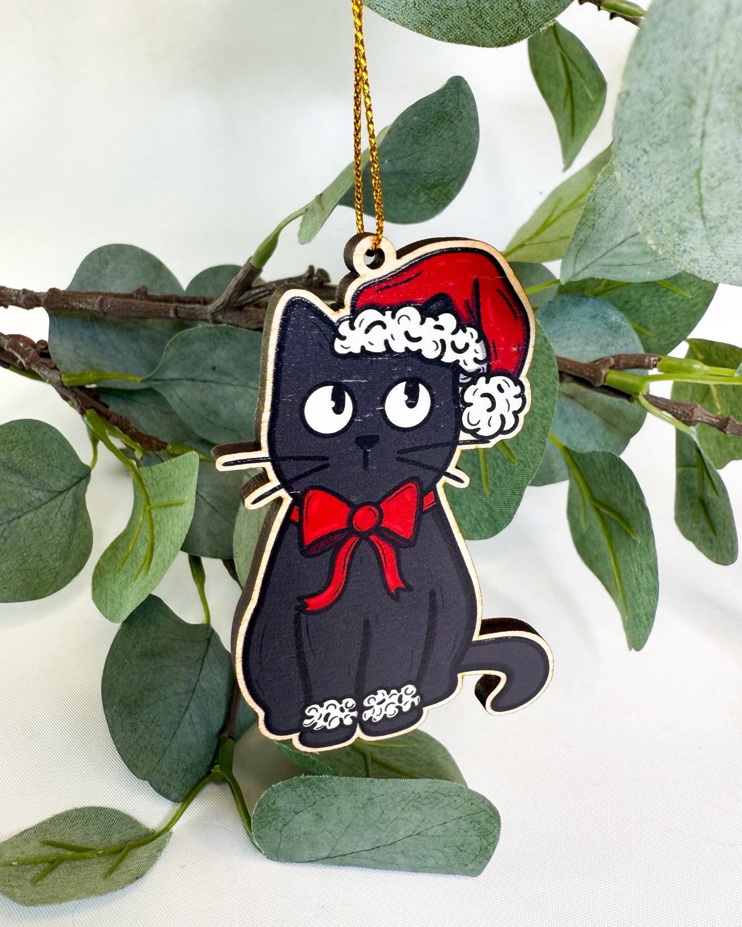 CHRISTMAS HAT BLACK CAT WOODEN CHRISTMAS TREE DECORATION