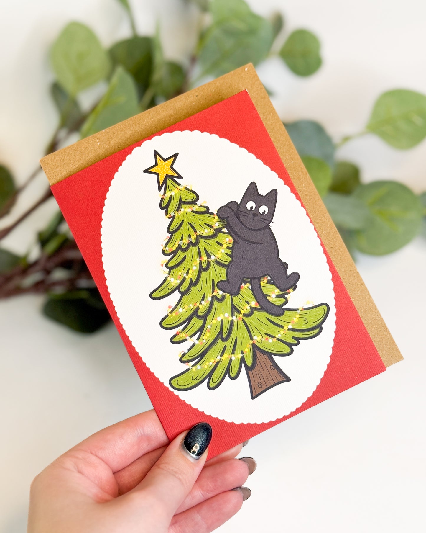 CHRISTMAS TREE BLACK CAT CHRISTMAS GREETINGS CARD