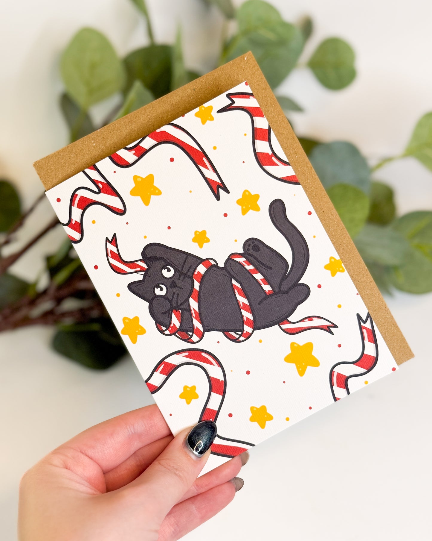 CHRISTMAS RIBBON BLACK CAT CHRISTMAS GREETINGS CARD