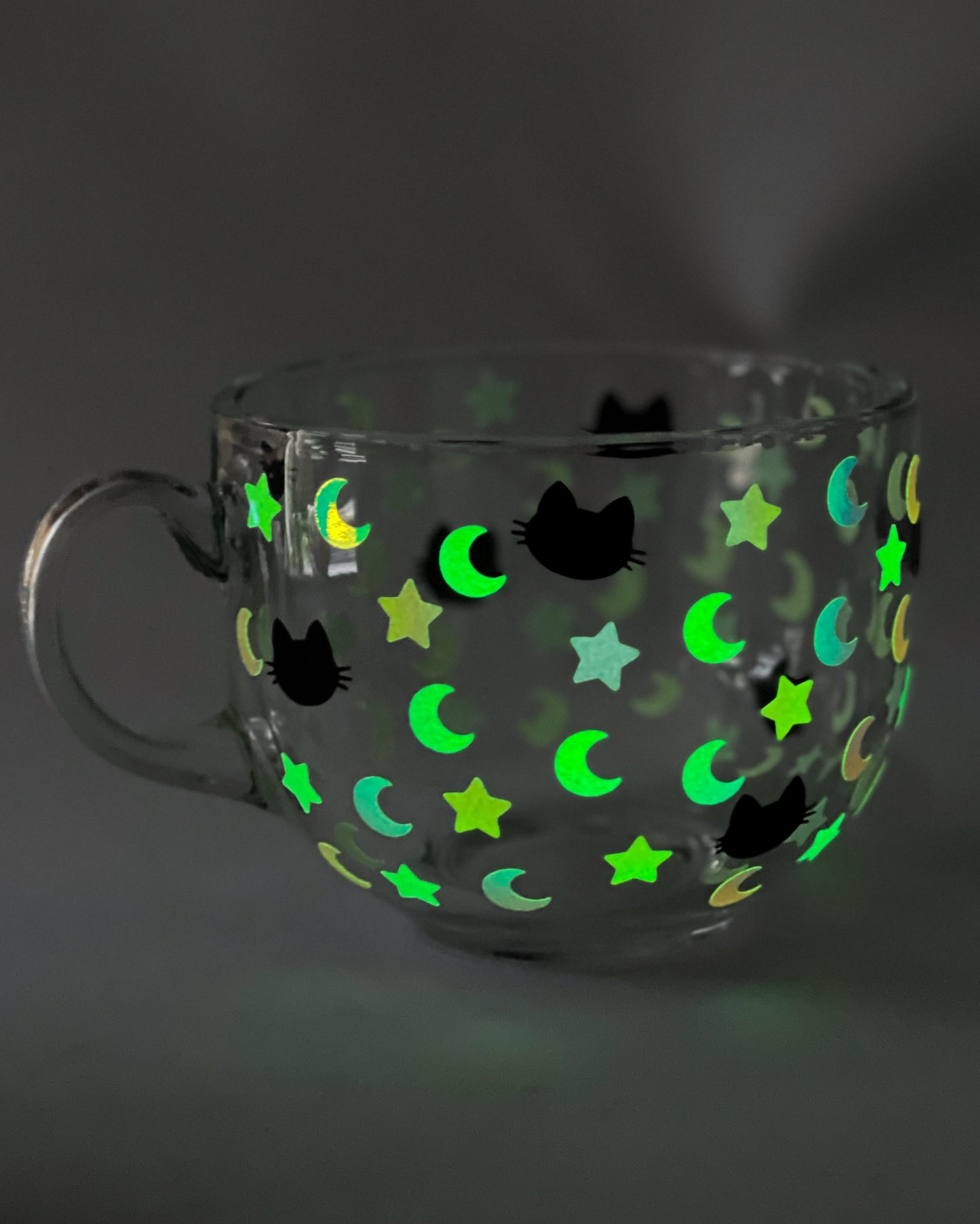 BLACK CAT HOLO GLOW IN THE DARK STAR AND MOON GLASS MUG