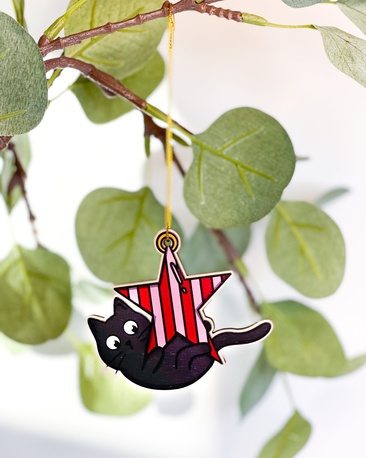 HANGING BLACK CAT BAUBLE & STAR WOODEN CHRISTMAS TREE DECORATION BUNDLE