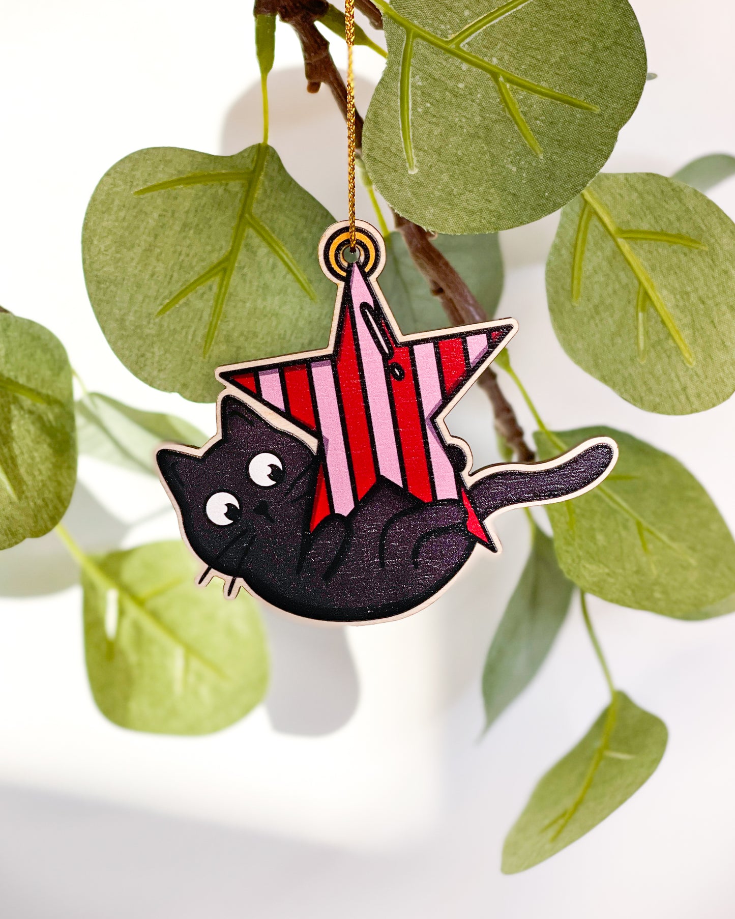 HANGING BLACK CAT BAUBLE & STAR WOODEN CHRISTMAS TREE DECORATION BUNDLE