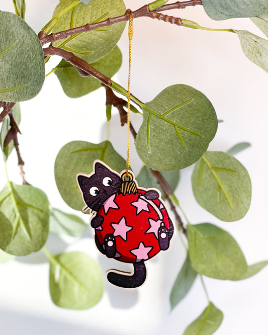 HANGING BLACK CAT BAUBLE WOODEN CHRISTMAS TREE DECORATION