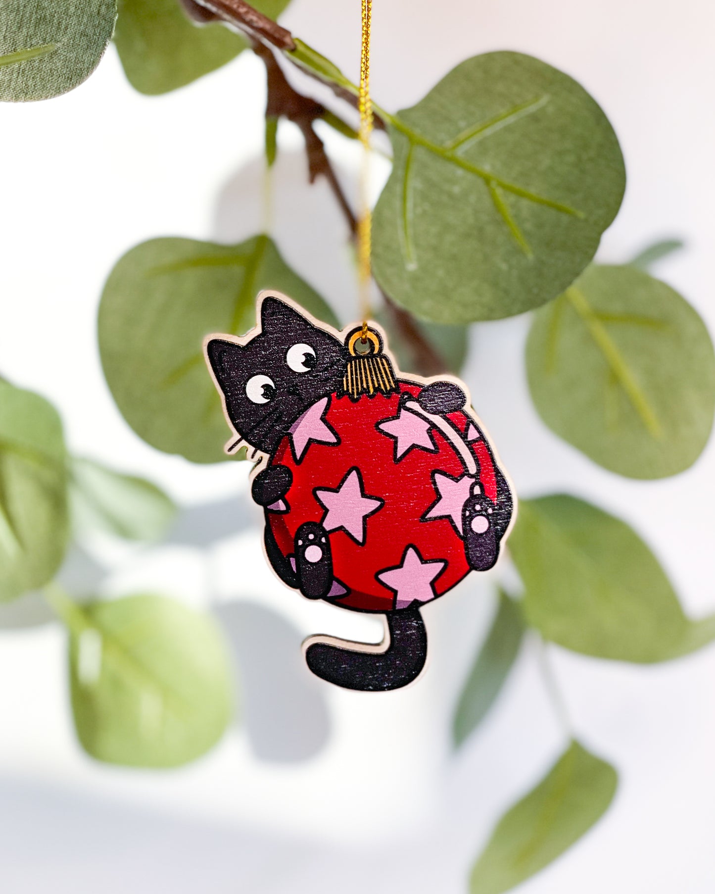 HANGING BLACK CAT BAUBLE & STAR WOODEN CHRISTMAS TREE DECORATION BUNDLE