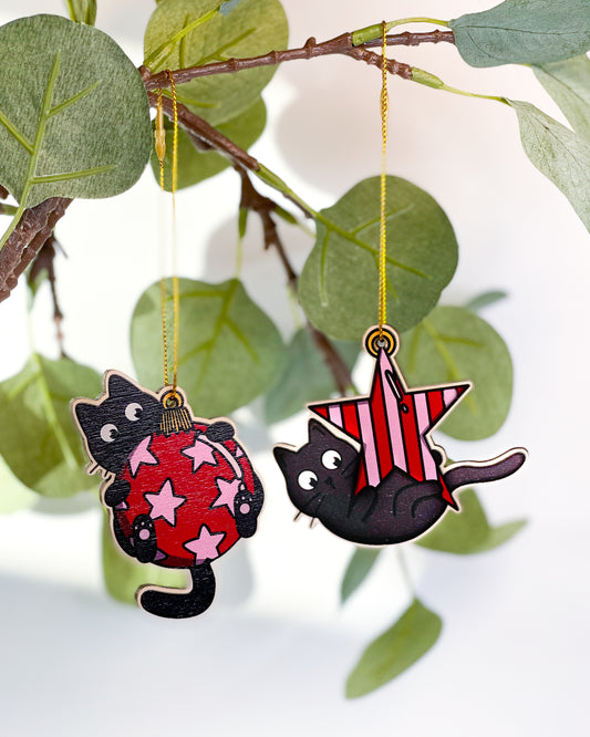 HANGING BLACK CAT BAUBLE & STAR WOODEN CHRISTMAS TREE DECORATION BUNDLE