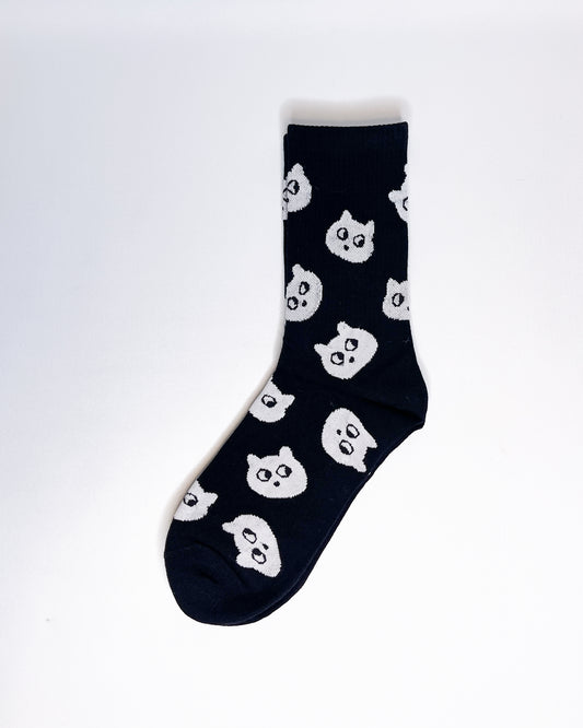 WHITE CAT PATTERN BLACK TUBE SOCKS