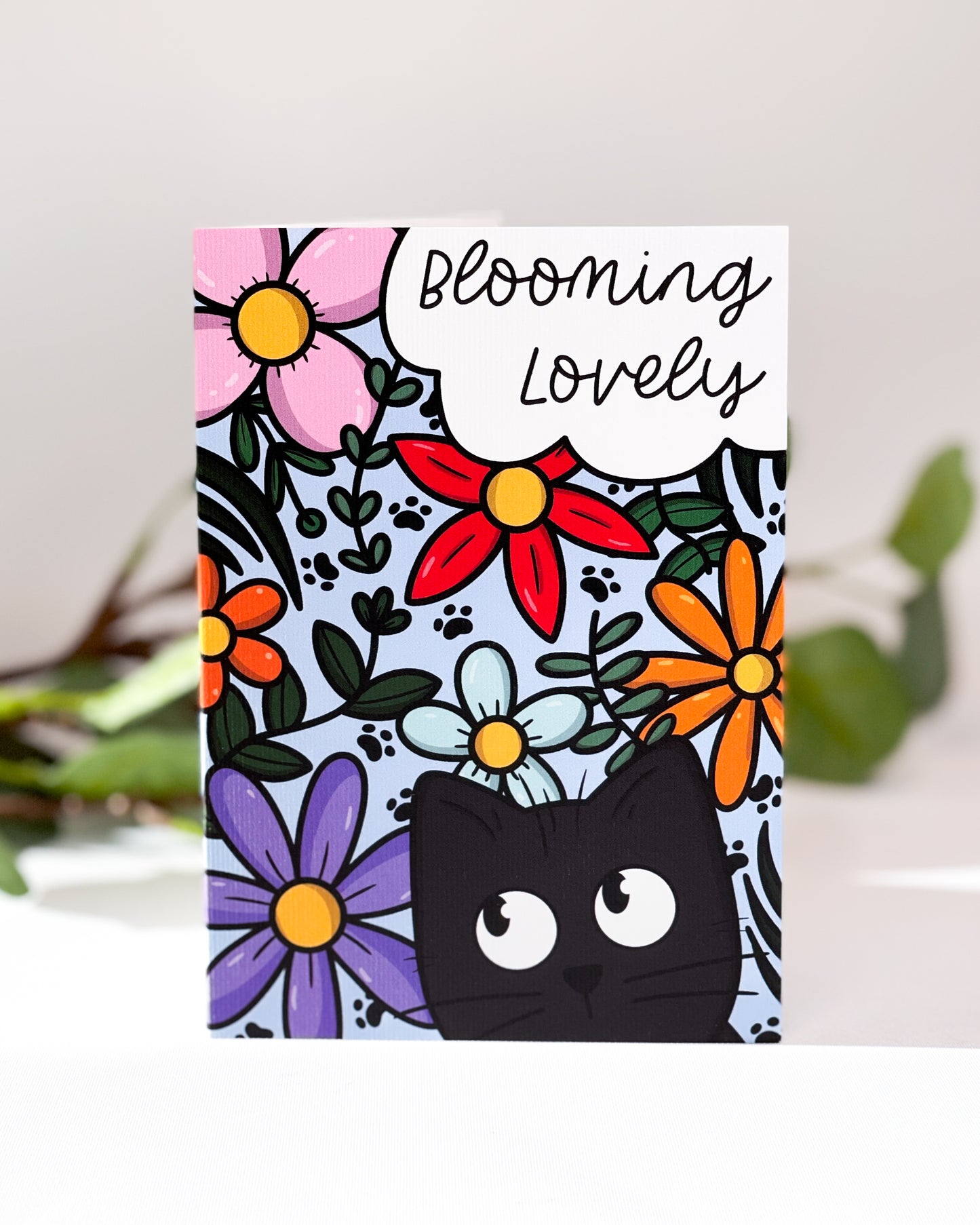 BLOOMING LOVELY BLACK CAT GREETINGS CARD