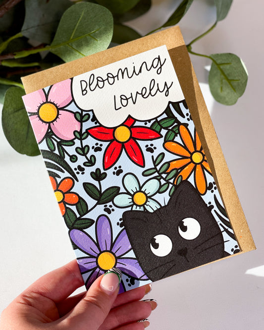 BLOOMING LOVELY BLACK CAT GREETINGS CARD