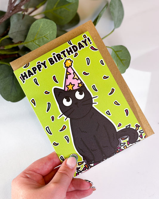 CONFETTI BLACK CAT BIRTHDAY CARD