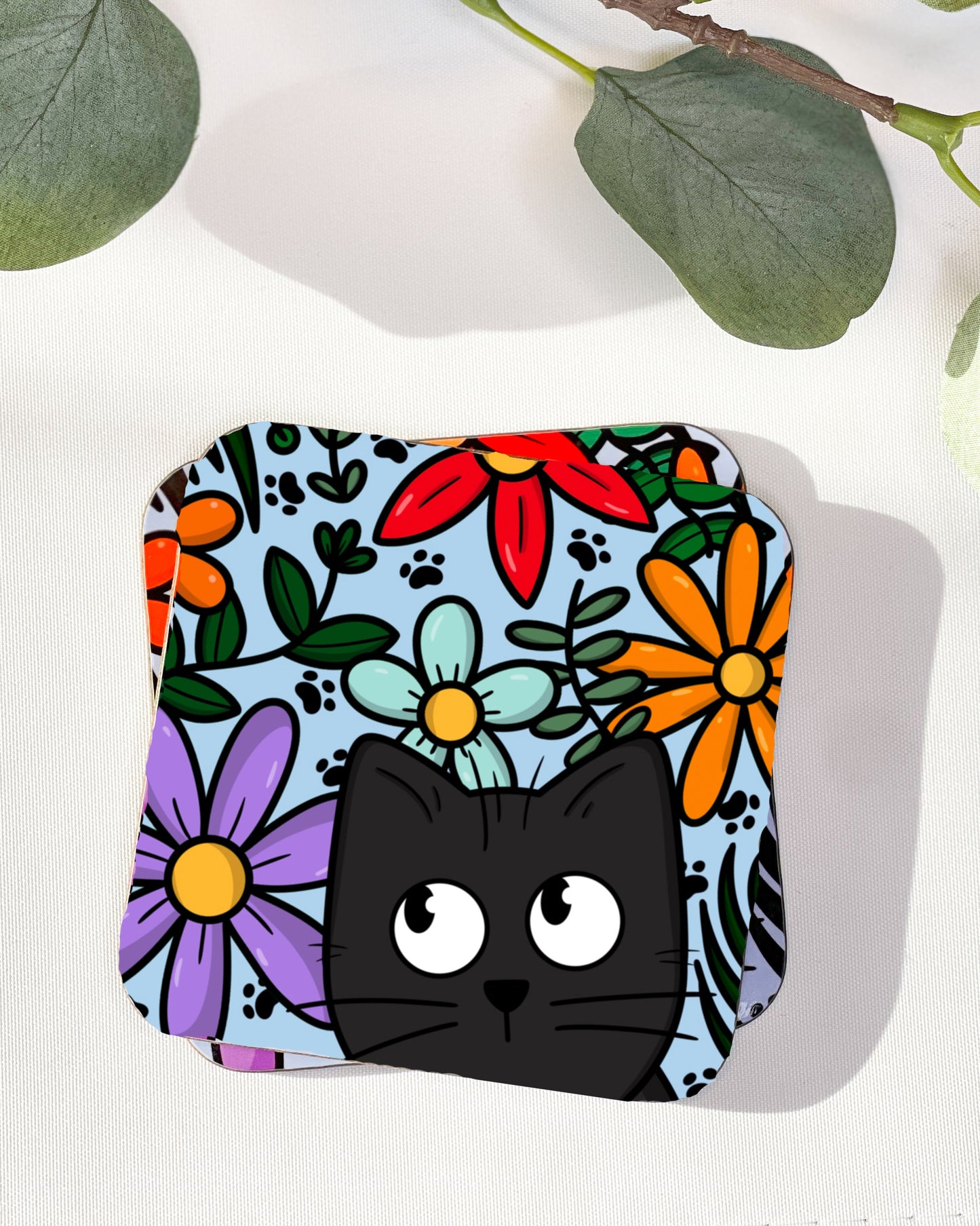 BLOOMING FLOWERS BLACK CAT COASTER