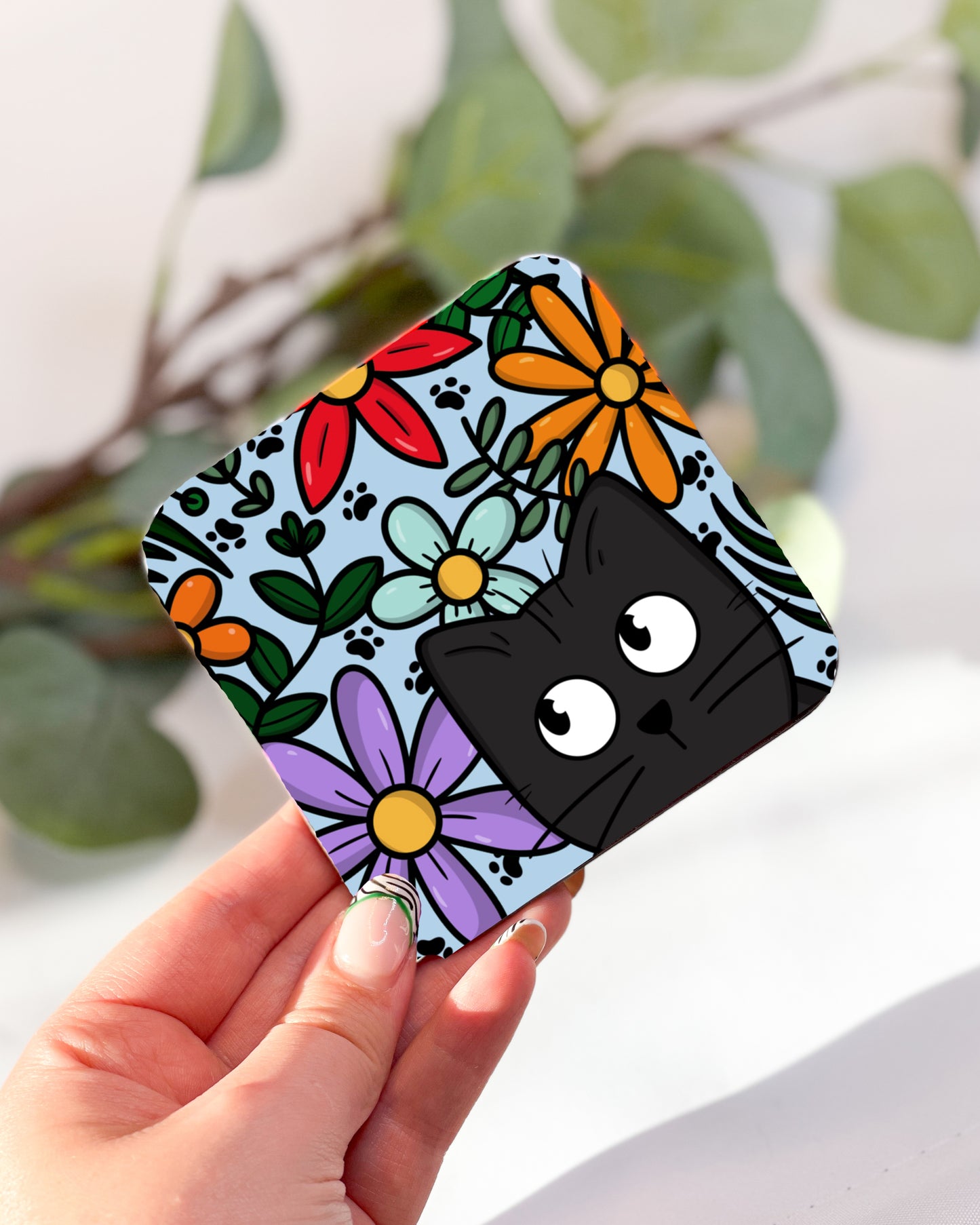 BLOOMING FLOWERS BLACK CAT COASTER