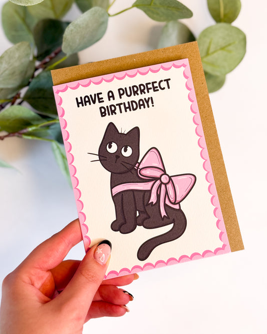 PURRFECT BIRTHDAY PINK BOW BLACK CAT GREETINGS CARD