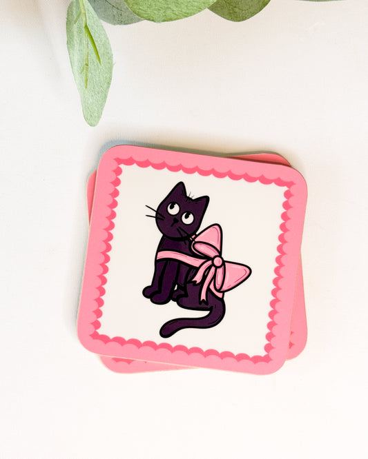 BLACK CAT PINK BOW COASTER