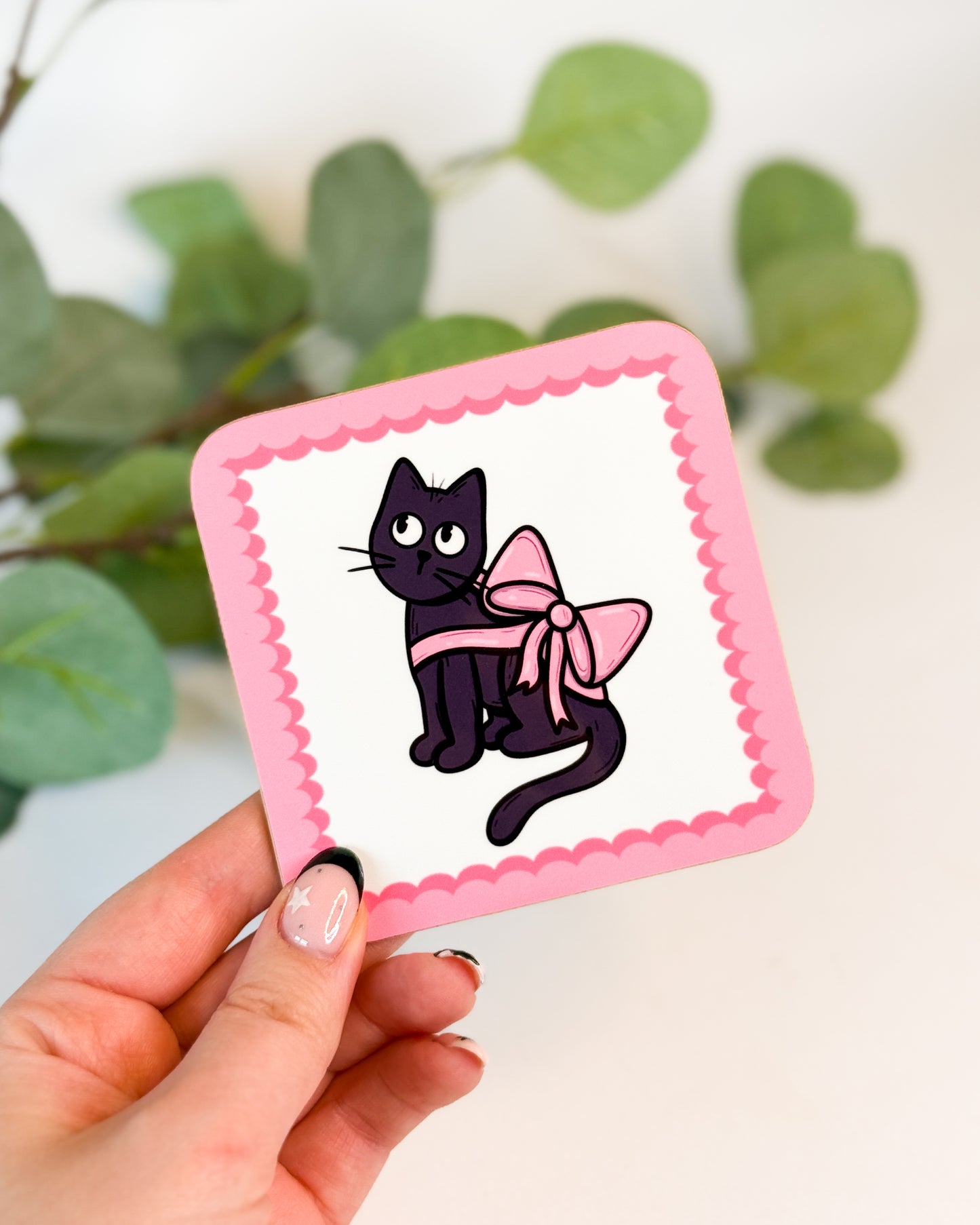 BLACK CAT PINK BOW COASTER