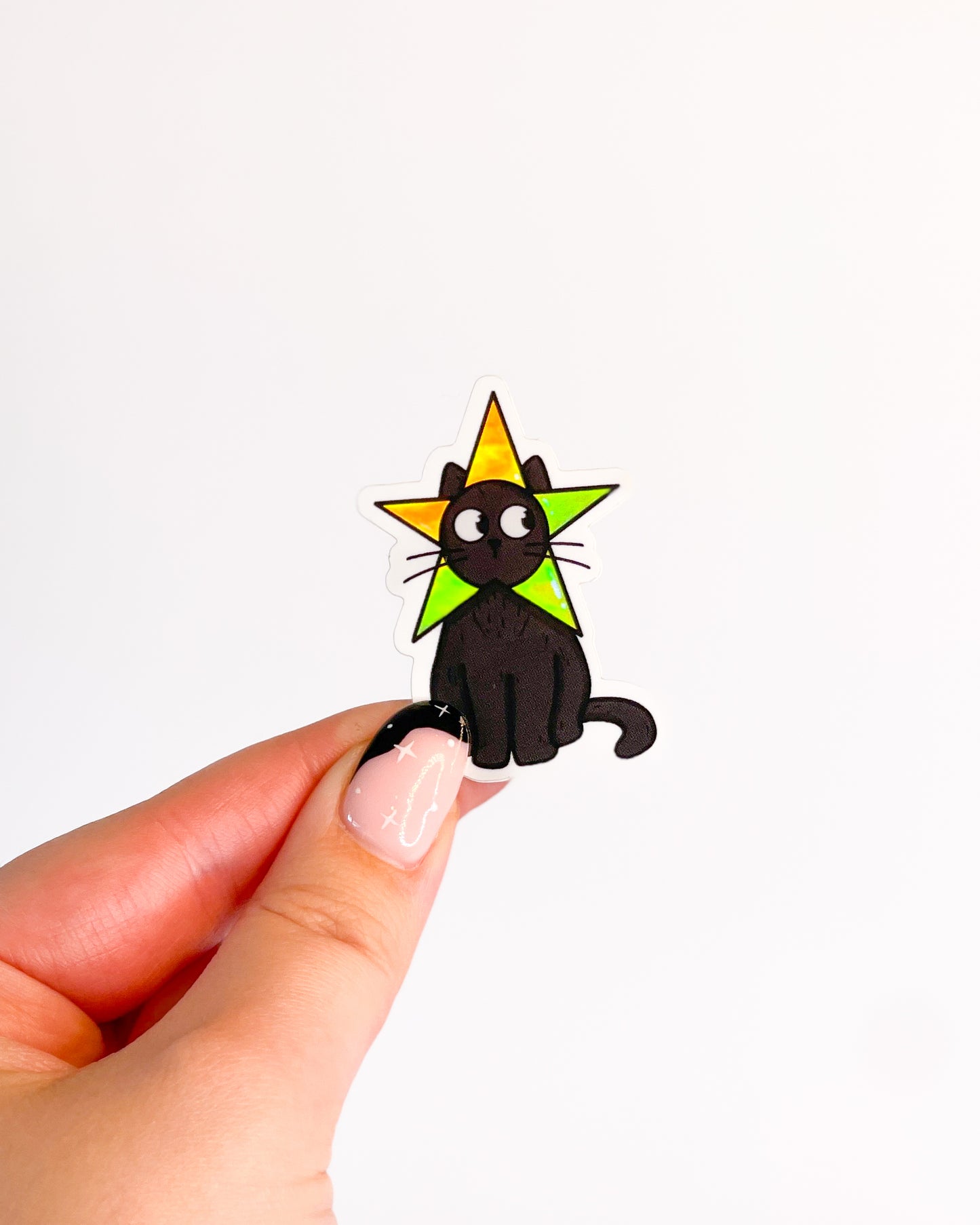 HOLOGRAPHIC STAR BLACK CAT GLOSSY VINYL STICKER