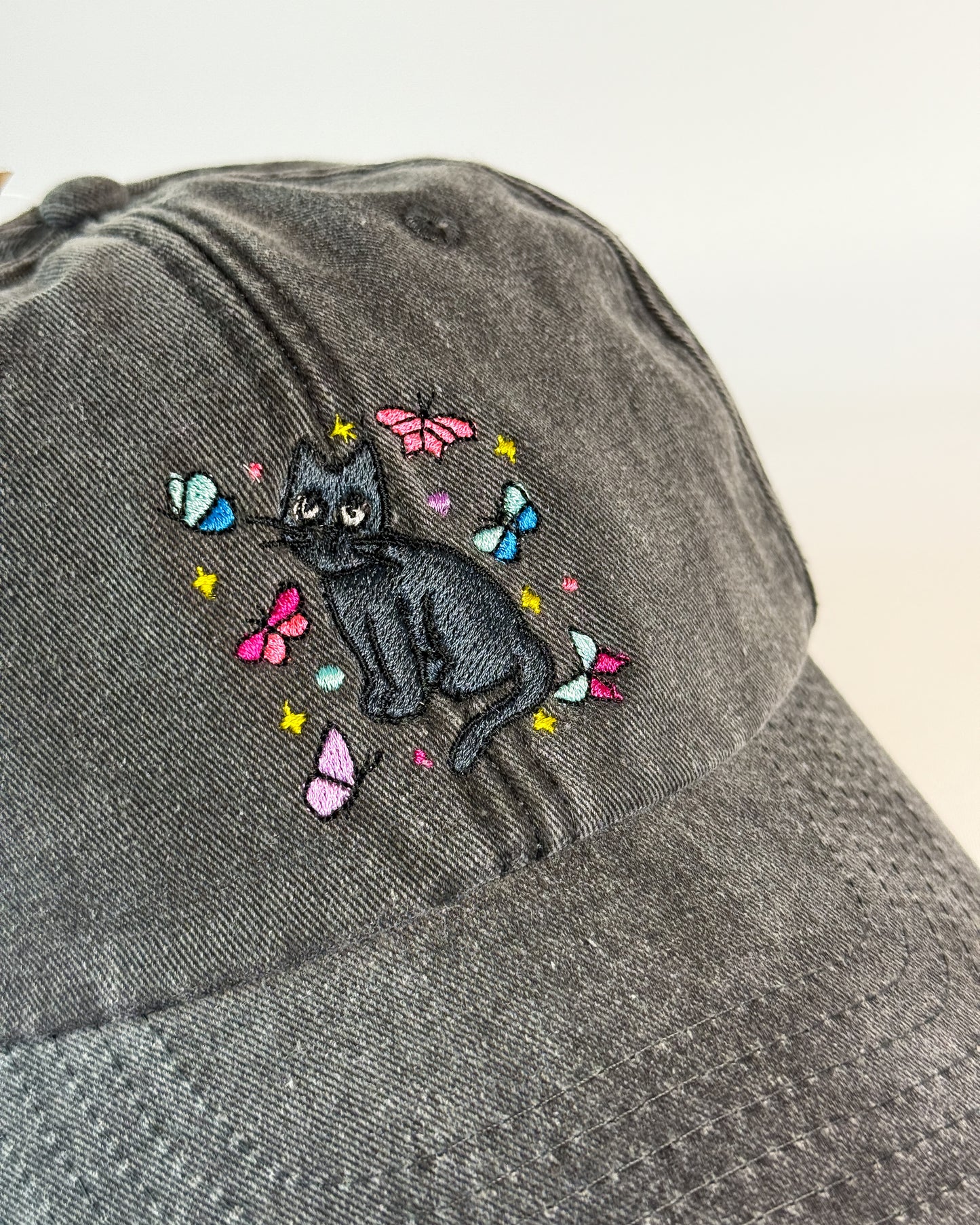 BLACK CAT BUTTERFLY EMBROIDERED VINTAGE DAD CAP