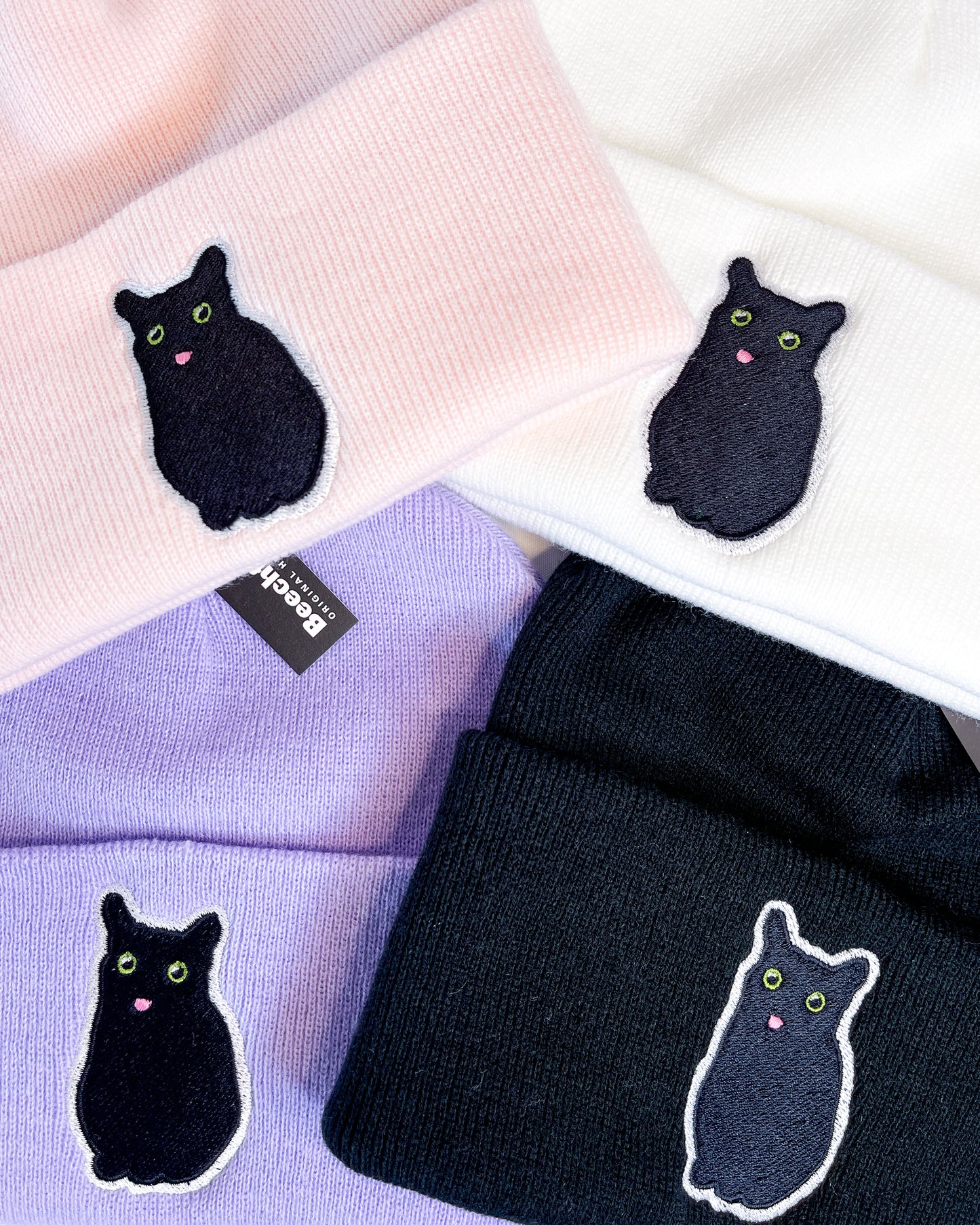 BLACK CAT MEME BLEP TONGUE EMBROIDERED BEANIES