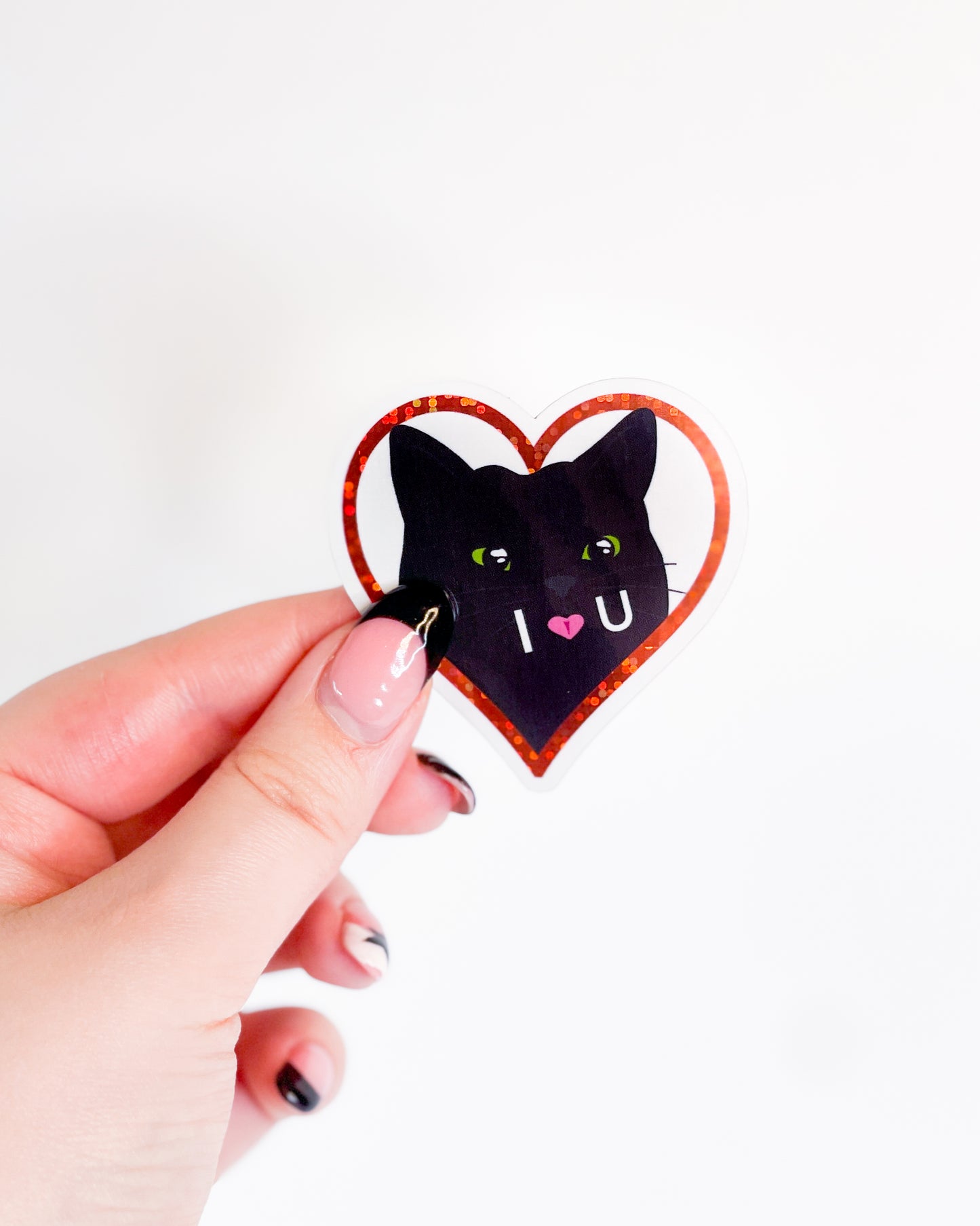 BLACK CAT I HEART U TONGUE GLITTER STICKER