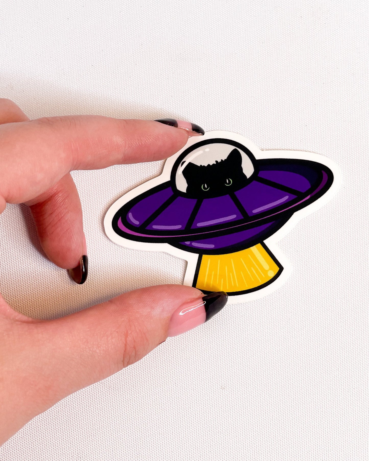 BLACK CAT UFO SPACESHIP GLOSSY VINYL STICKER