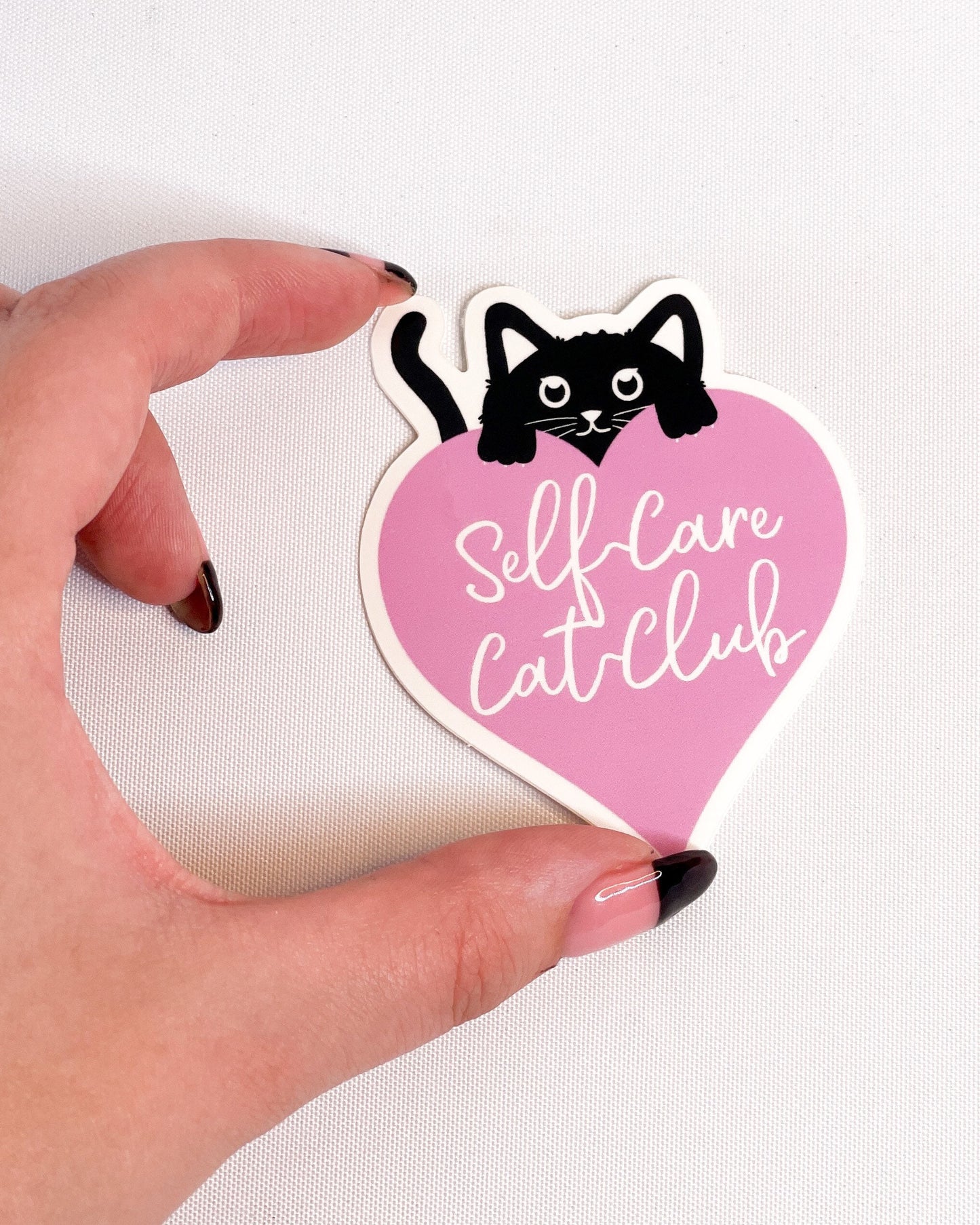 BLACK CAT SELF CARE CAT CLUB LOVE HEART GLOSSY VINYL STICKER