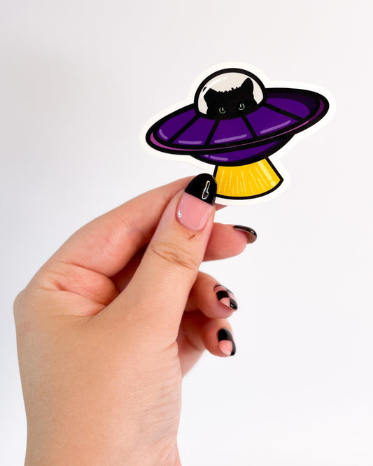 BLACK CAT UFO SPACESHIP GLOSSY VINYL STICKER