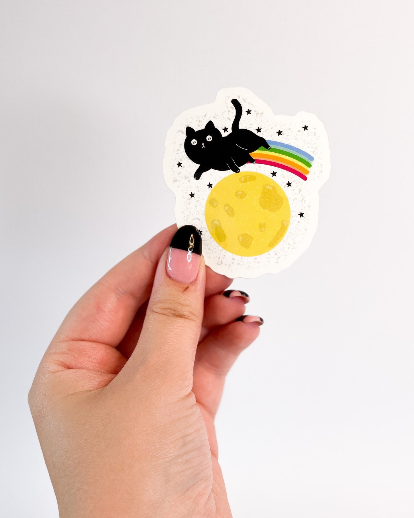 BLACK CAT RAINBOW MOON SPACE CAT GLOSSY VINYL STICKER