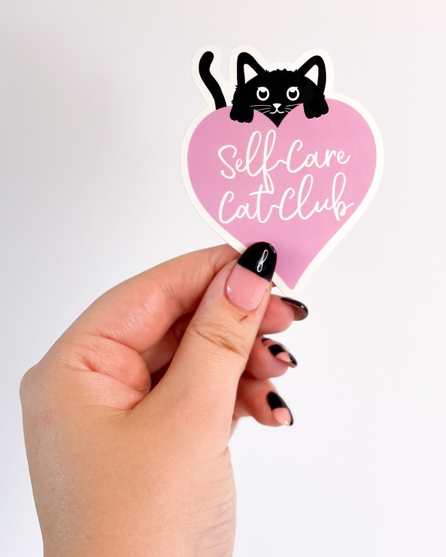 BLACK CAT SELF CARE CAT CLUB LOVE HEART GLOSSY VINYL STICKER